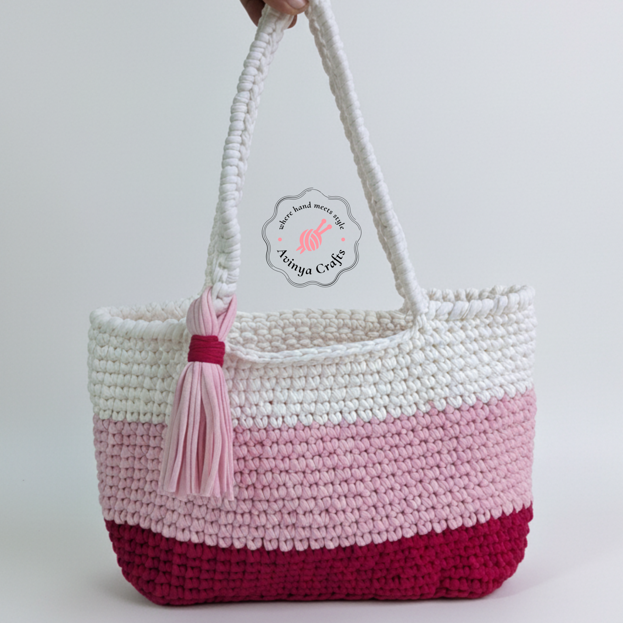 Handmade Crochet Tote Bag – Personalized Gift Bag in Pink & Ivory | One-of-a-Kind Artisan Carryall