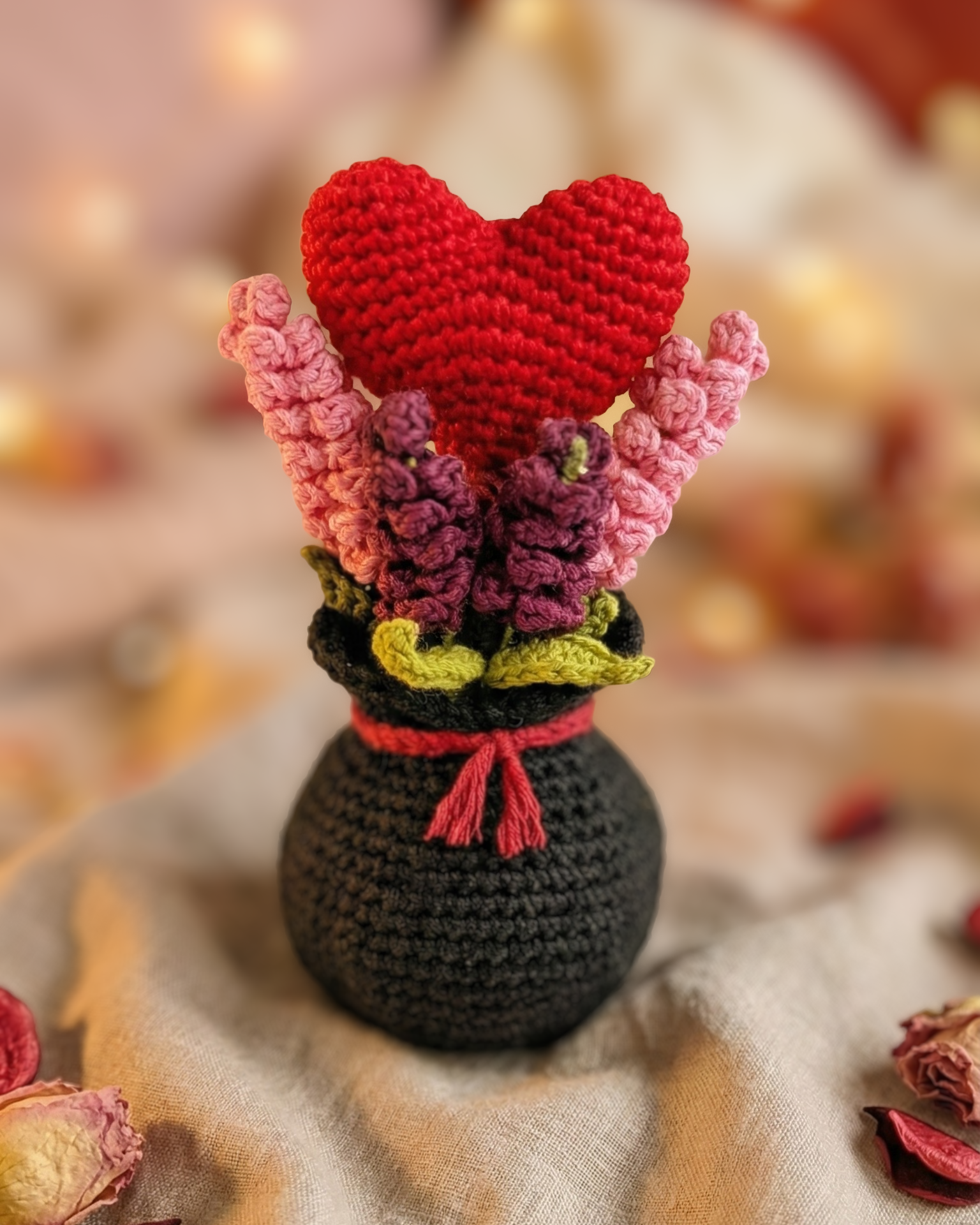 Handmade Crochet Valentine Heart Flower Bouquet – Romantic Home Decor & Gift