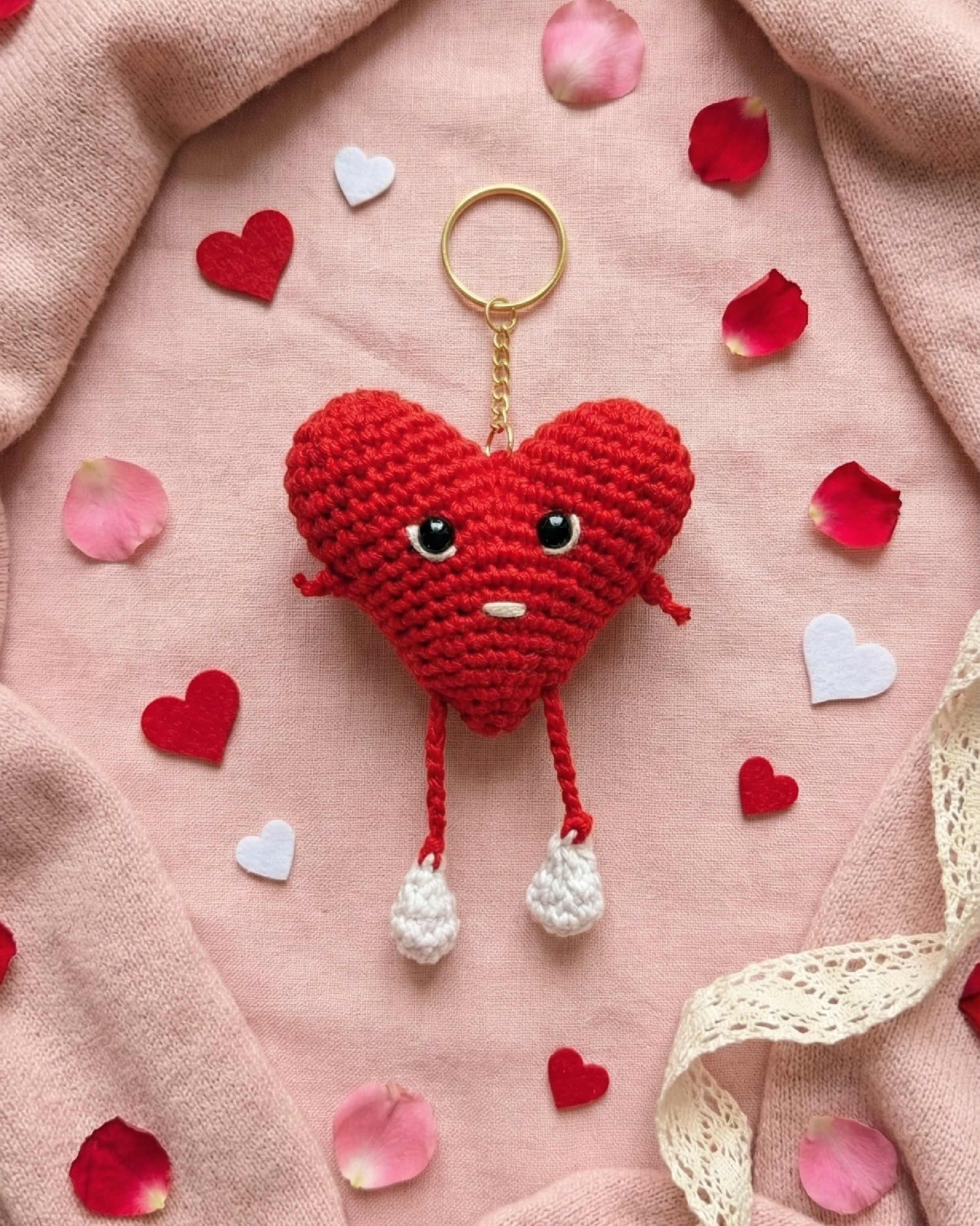 Handmade Crochet Heart Keychain – Cute Amigurumi Heart Bag Charm, Valentine Gift, Mini Crochet Plush Keyring