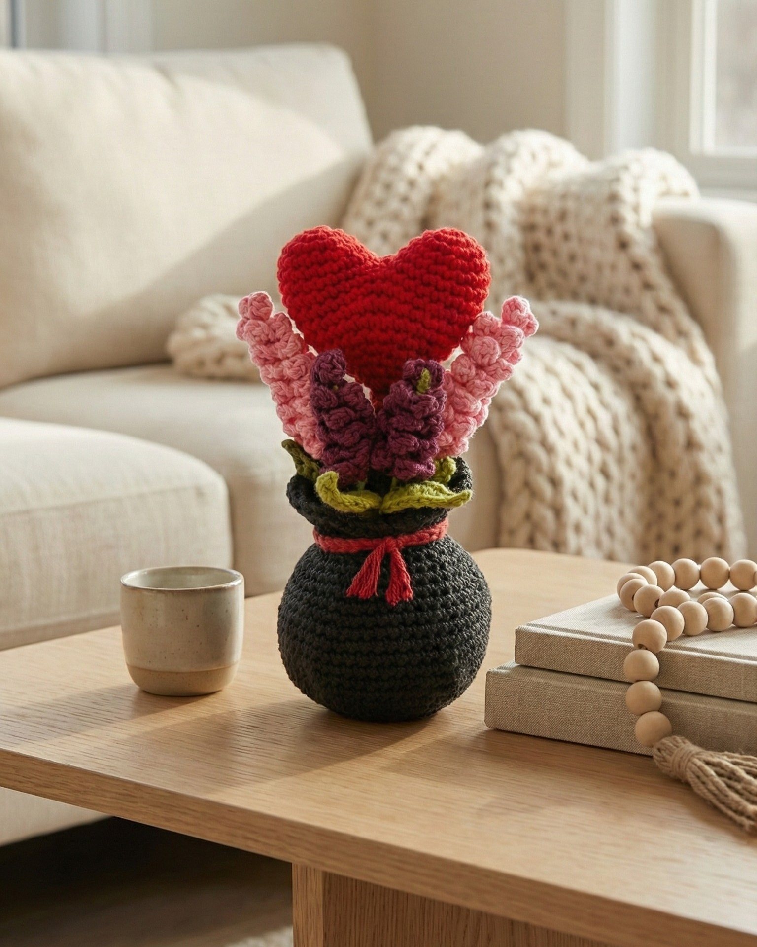 Handmade Crochet Valentine Heart Flower Bouquet – Romantic Home Decor & Gift