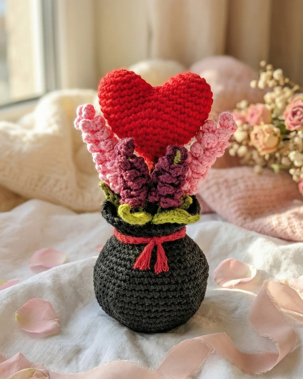 Handmade Crochet Valentine Heart Flower Bouquet – Romantic Home Decor & Gift