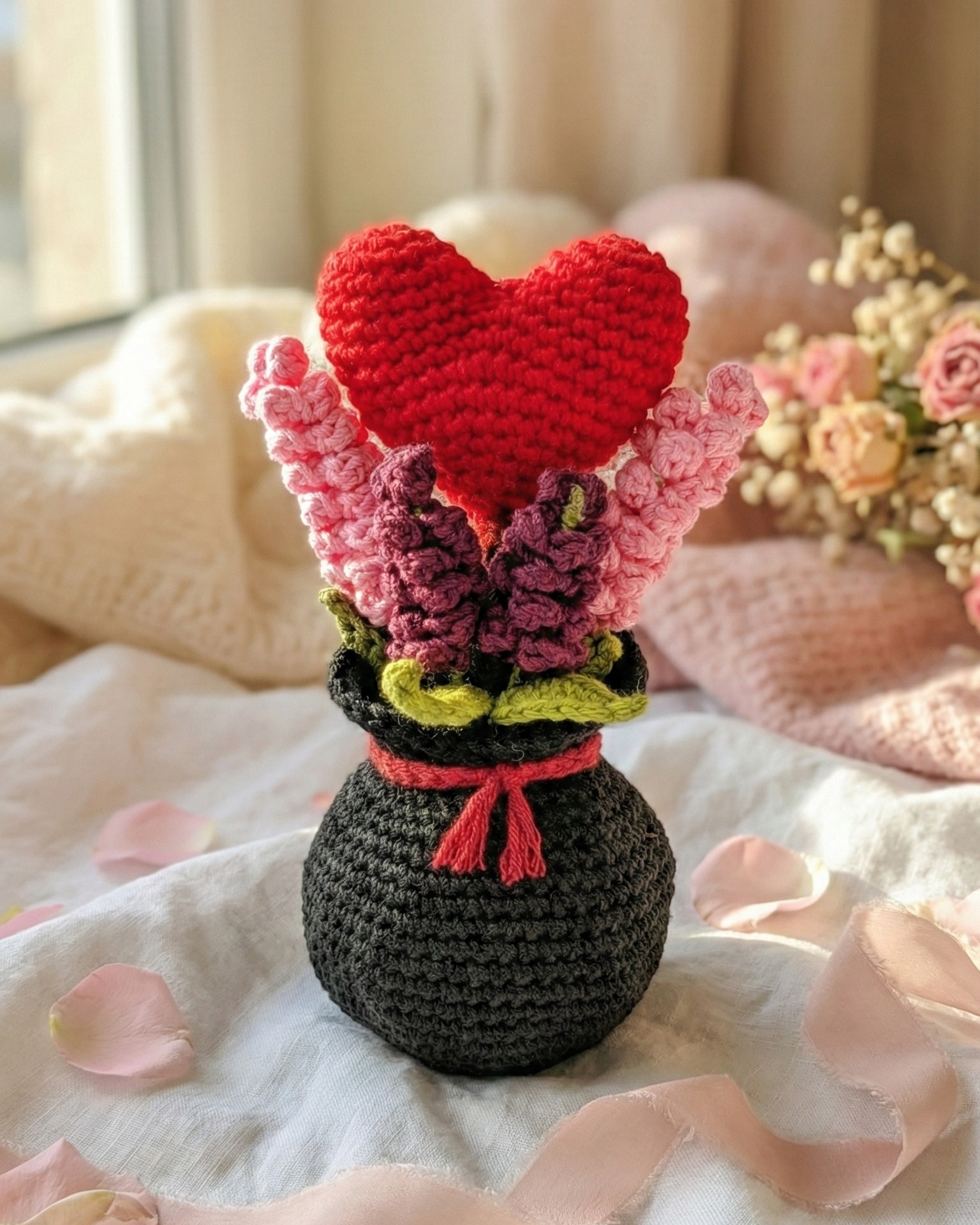 Handmade Crochet Valentine Heart Flower Bouquet – Romantic Home Decor & Gift