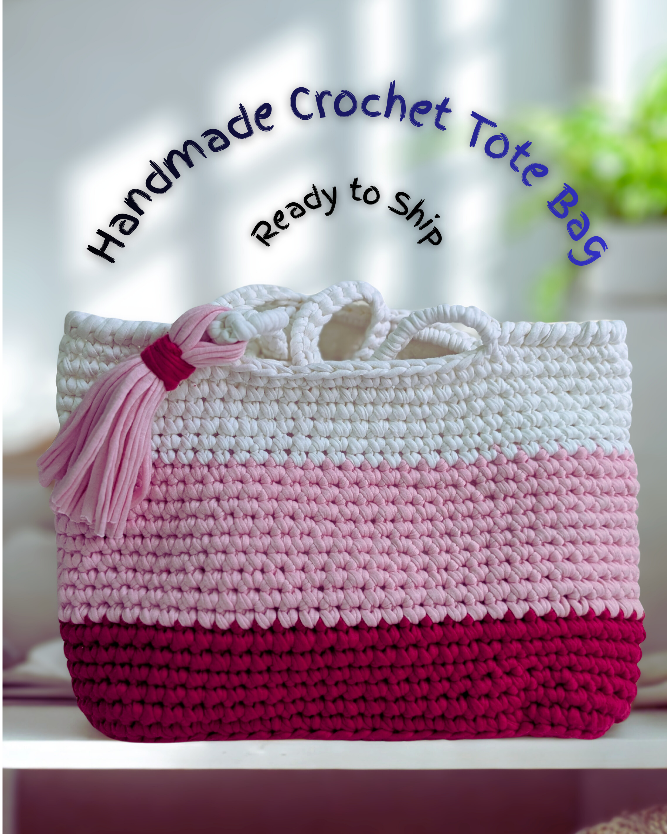 Handmade Crochet Tote Bag – Personalized Gift Bag in Pink & Ivory | One-of-a-Kind Artisan Carryall
